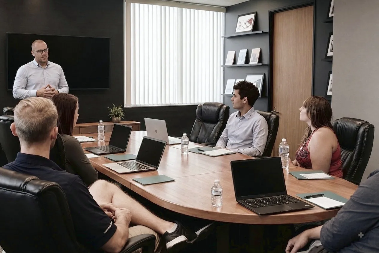 A delivery team around a boardroom table with laptops open, listening to a facilitator presenting at the screen